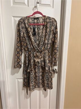 Long Sleeve Snake-Print Wrap Dress in Brown NWT